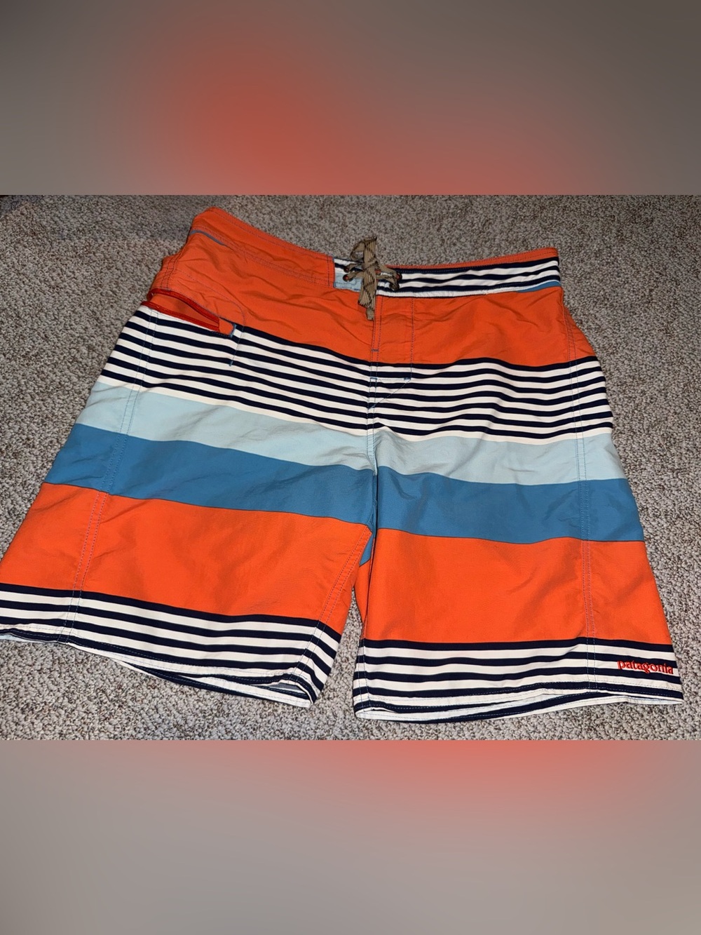 Patagonia Men's Orange Blue wayfarer board Shorts Sz 34 vacay fun adventure swim